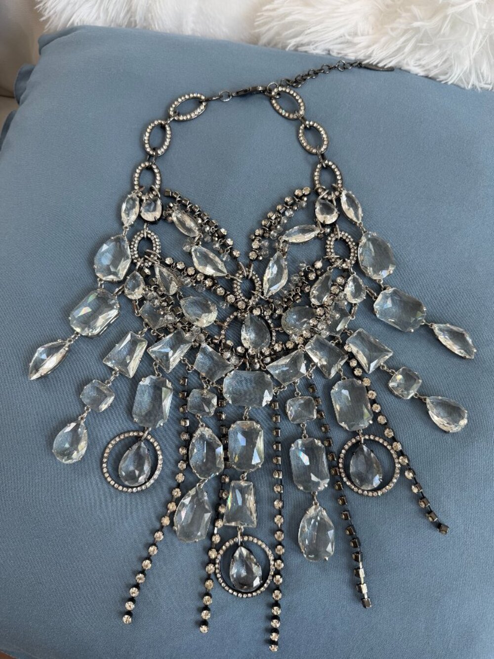 Chico’s Silver Bib Statement Necklace Crystal Beaded with Box